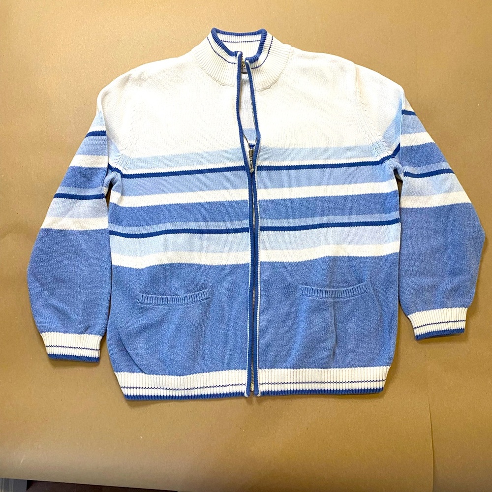 Tabi International Women’s Large Zipper Front Blue w/White Striped Cardigan VTG